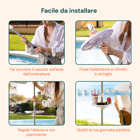Guida installazione tavolino ombrellone in 4 semplici passaggi: scorrimento, fissaggio, regolazione altezza e utilizzo immediato