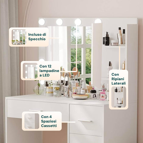 Scrivania con Specchio e Luci LED per Make-Up e Organizzazione