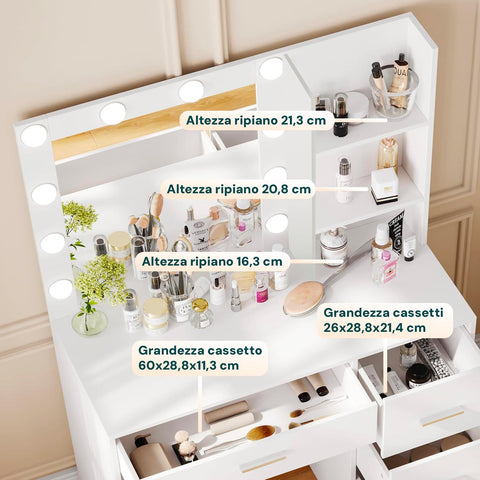 Scrivania con Specchio e Luci LED per Make-Up e Organizzazione