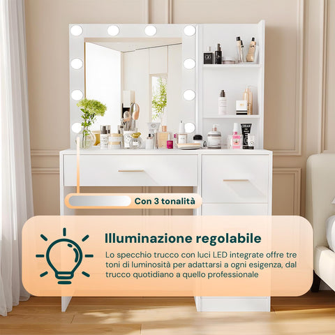 Scrivania con Specchio e Luci LED per Make-Up e Organizzazione