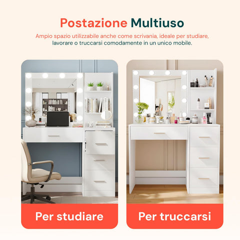 Scrivania con Specchio e Luci LED per Make-Up e Organizzazione