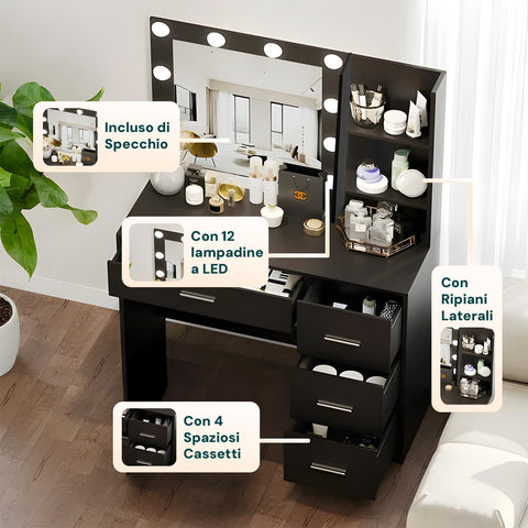 Scrivania con Specchio e Luci LED per Make-Up e Organizzazione