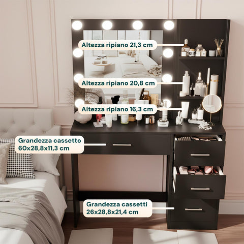 Scrivania con Specchio e Luci LED per Make-Up e Organizzazione