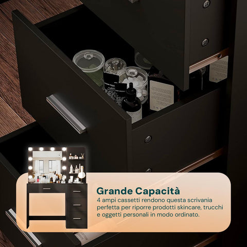 Scrivania con Specchio e Luci LED per Make-Up e Organizzazione