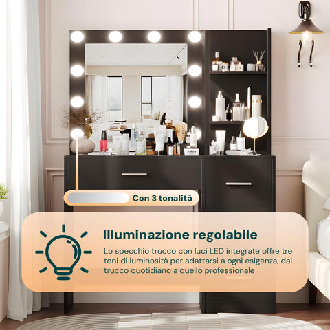 Scrivania con Specchio e Luci LED per Make-Up e Organizzazione