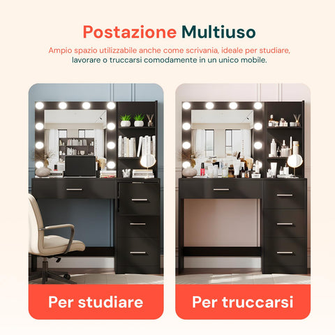 Toeletta da Trucco con Specchio Illuminato a 10 Luci, 2 Cassetti, 6 Ripiani e Sgabello – Nero Elegante Toeletta da Trucco con Specchio Illuminato a 10 Luci, 2 Cassetti, 6 Ripiani e Sgabello – Nero Elegante
