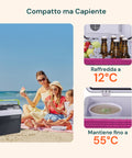 Termofrigo compatto ma capiente per famiglia in spiaggia, raffredda fino a 12°C e mantiene caldo fino a 55°C