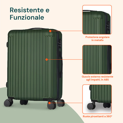 Set 3 Trolley Con Manico Telescopico E Ruote 56/66/76cm Verde
