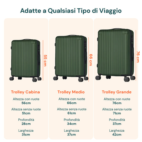 Set 3 Trolley Con Manico Telescopico E Ruote 56/66/76cm Verde