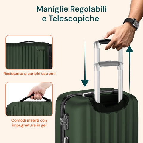 Set 3 Trolley Con Manico Telescopico E Ruote 56/66/76cm Verde