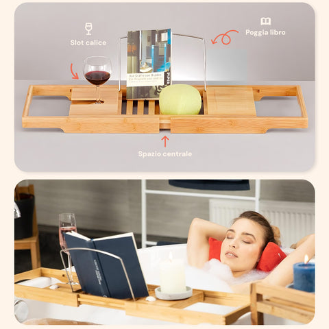 Vassoio Vasca da Bagno in Bambù Estensibile Design Naturale