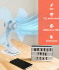 Ventilatore Kiwi 9W con clip antiscivolo, rotazione 180 gradi e funzionamento silenzioso in device free zone su scrivania