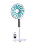 Ventilatore a piantana bianco con telecomando, 13 pale turchesi, base stabile e controlli digitali per casa e ufficio