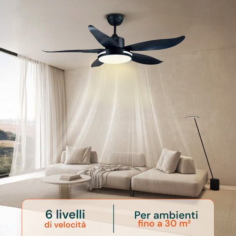 Ventilatore da soffitto nero 6 velocità per ambienti fino 30 mq con illuminazione LED diffusa
