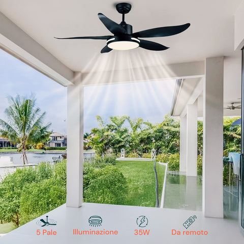 Ventilatore da soffitto nero 35W con illuminazione LED installato su terrazza esterna moderna