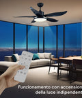 Ventilatore da soffitto nero con telecomando e accensione luce indipendente in soggiorno moderno