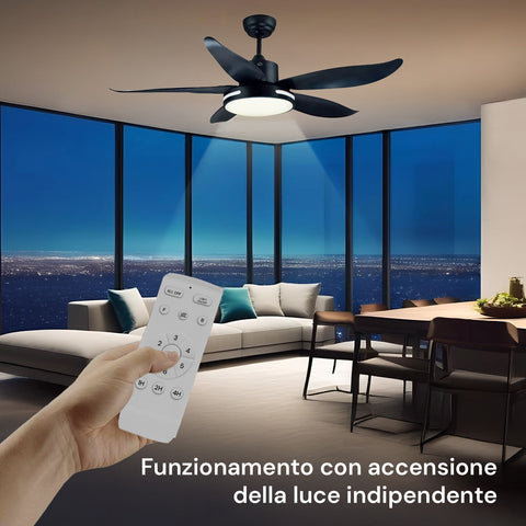 Ventilatore da soffitto nero con telecomando e accensione luce indipendente in soggiorno moderno