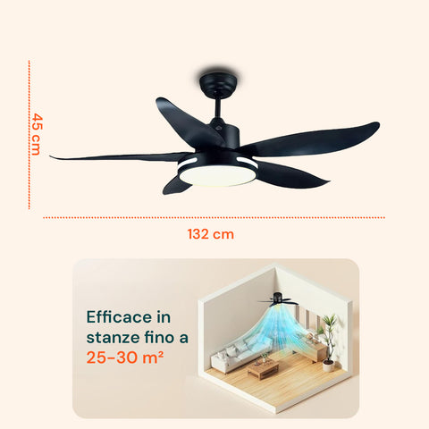 Ventilatore da soffitto nero 132cm diametro efficace per stanze fino 25-30 mq con pale aerodinamiche
