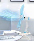 Ventilatore Kiwi in ufficio su scrivania con computer, clip di fissaggio per flusso d'aria mirato e comfort personalizzato