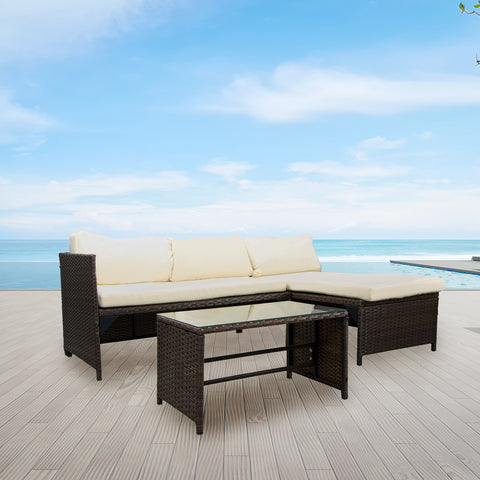 Set Divano Angolare Santorini con Cuscini e Tavolino con Piano in Vetro 5mm